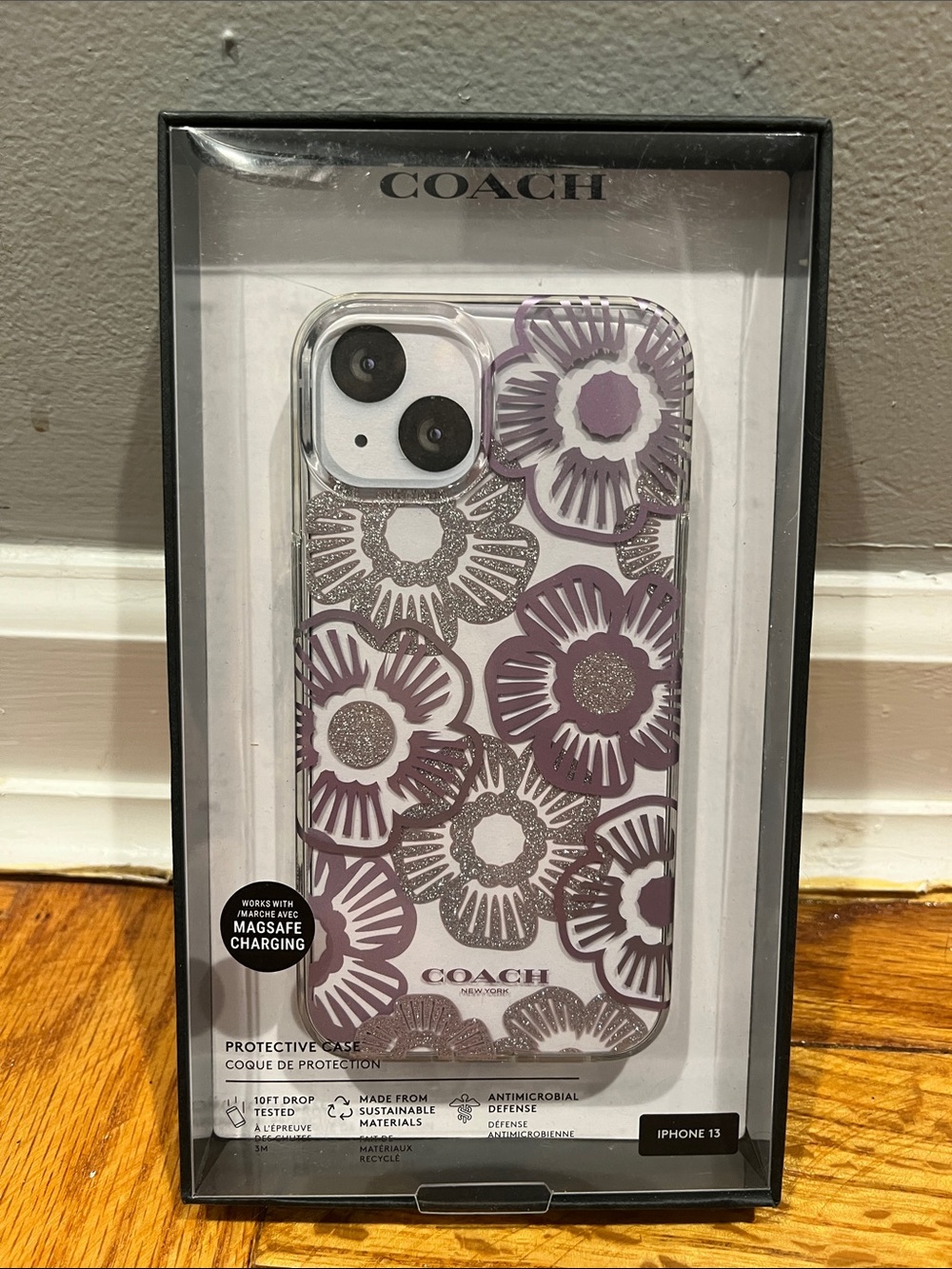 Coach Clear Floral iPhone Case with Purple and Silver Glitter
